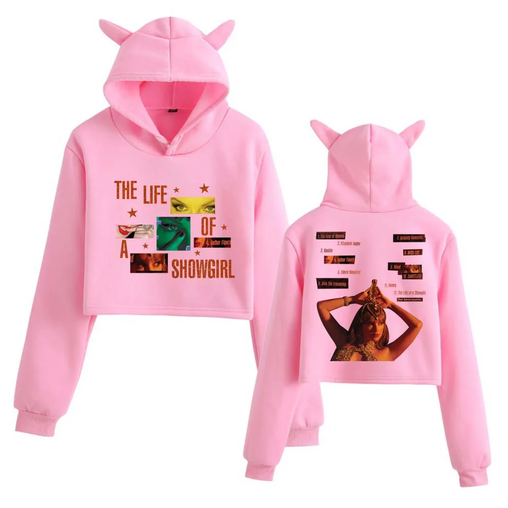 The Life of A Showgirl Album Crop Tops Felpa con orecchie di gatto Felpa con cappuccio alla moda per ragazze a maniche lunghe