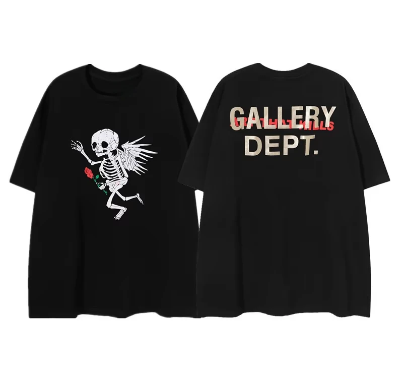 2026 Gothic Skeleton Angel Rose Print T‑Shirt Unisex Double‑Sided Skull Wing Graphic Casual Cotton Short Sleeve Basic