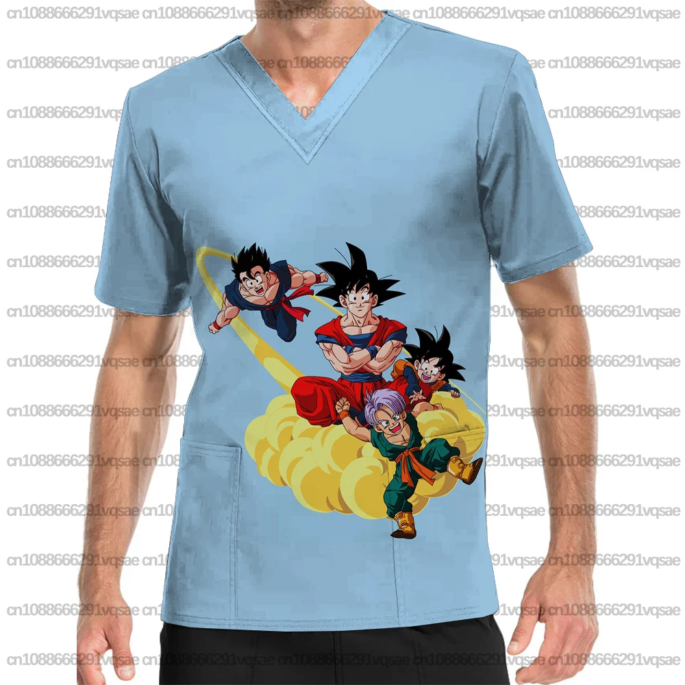 Haut de travail à manches courtes pour homme, col en V, avec poche, imprimé Dragon Ball style dessin animé, finition givrée, pour uniforme d'infirmier et animalerie