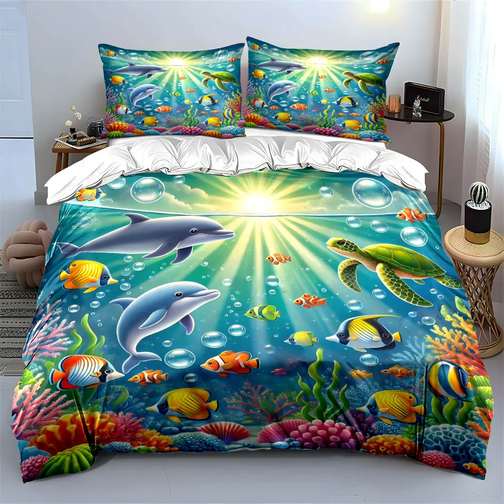 Underwater Animals Themed Bedding Set Multiple sizes kid's and adults' bedroom Exquisite 3PC bedding set, gift