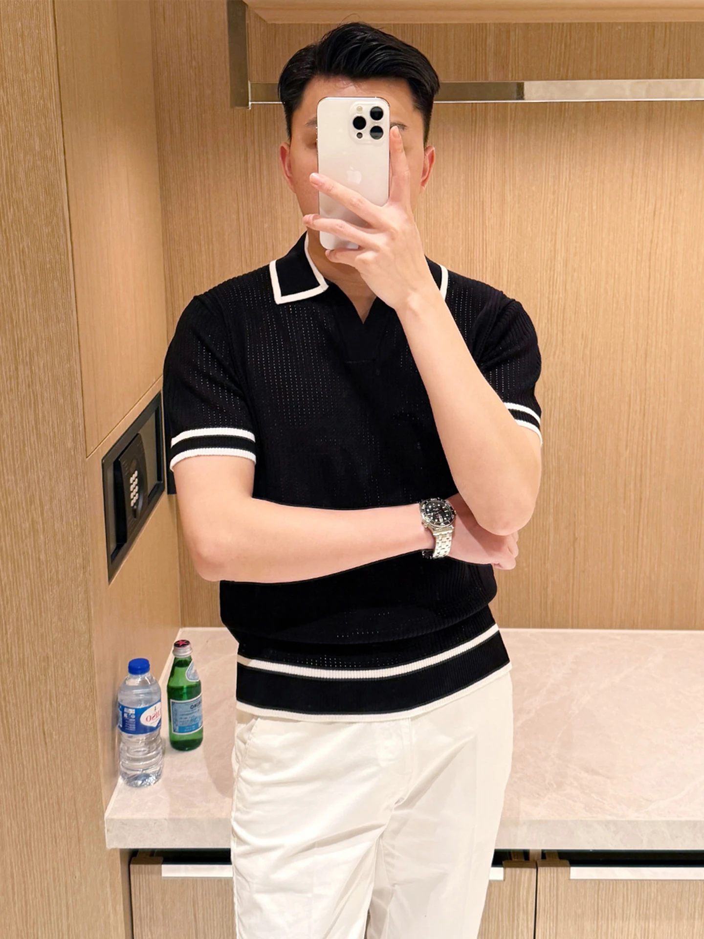 

Italian Sle Men's ort Sve irt Summer New Me Hollow out Color Blo Stripe Design Breathable Busin Casual Top