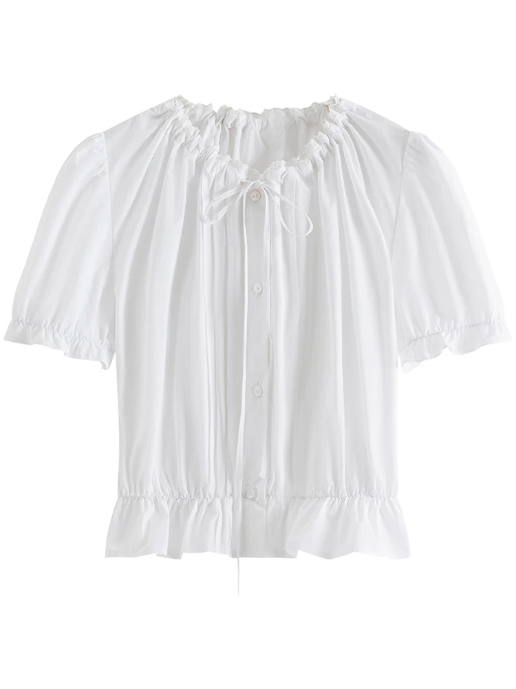 FSLE 100% Cotton Women Sweet Short Single Breasted Blouses Temperament White Round Neck Waist Short Sleeve Tops 24FS12492