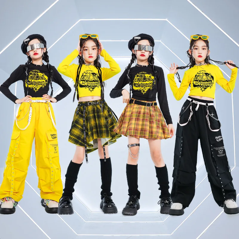 Hip Hop Kids Cool Crop Top K-pop Street Dance Cargo Pants Plaid Skirts Girls Streetwear Children Yellow Jazz Costume Clothes Set