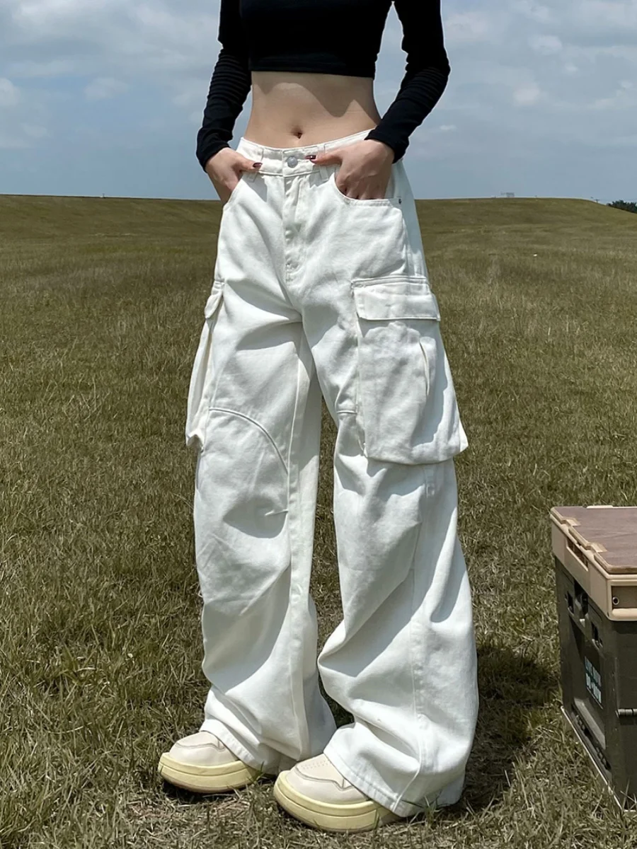 American Retro Pleated White Multi Pocket Work Pants Loose Straight Leg Long Trousers for Men And Women Street Style High Waist