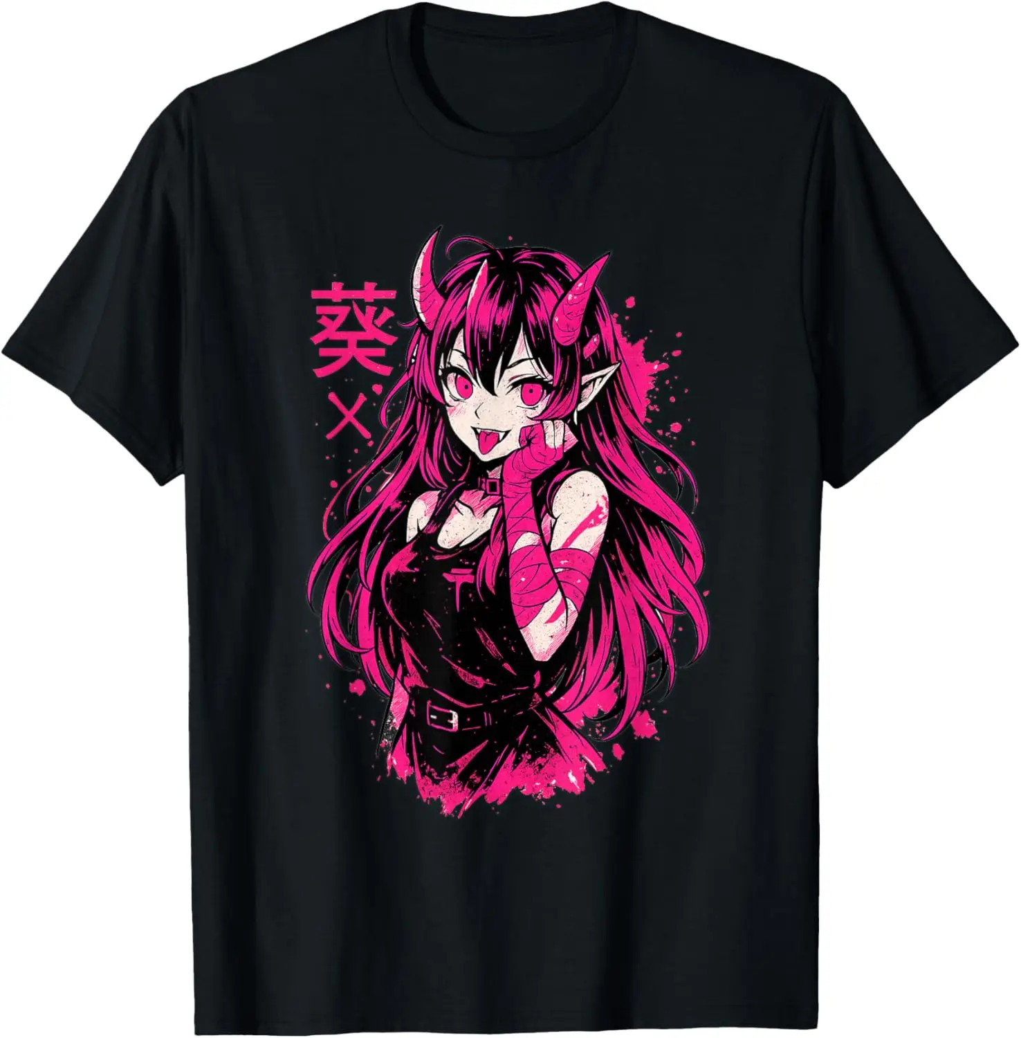 

Pink Demon Girl Anime Graphic Tee Manga Style Horror Aesthetic T-Shirt Unisex Short Sleeve