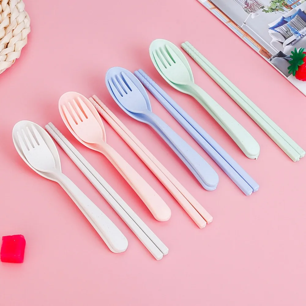 Wheat Straw Spoon Chopstick Fork Tableware Set Cutlery Utensils With Storage Case Goodie Bag Children Day Gift