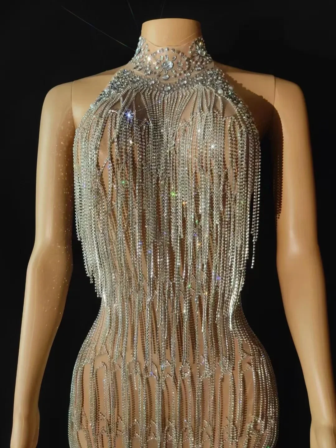 Robe de Soirée Sexy avec Strass Argentés, Tenue Citrofranges, Dos aux, pour Anniversaire, Mariage, Spectacle Transparent, Costume à Commande