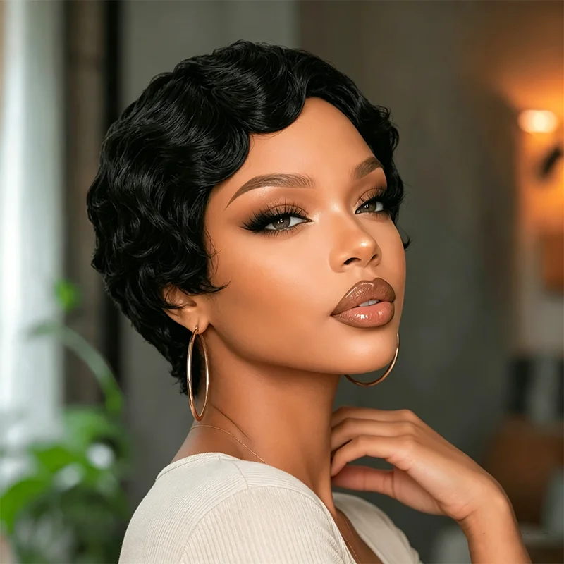Brazilian Remy Human Hair Wig for Women 180% Density Looking Deep Wave Short Pixie Cut with Layered Bangs Hair Wig Machine Made