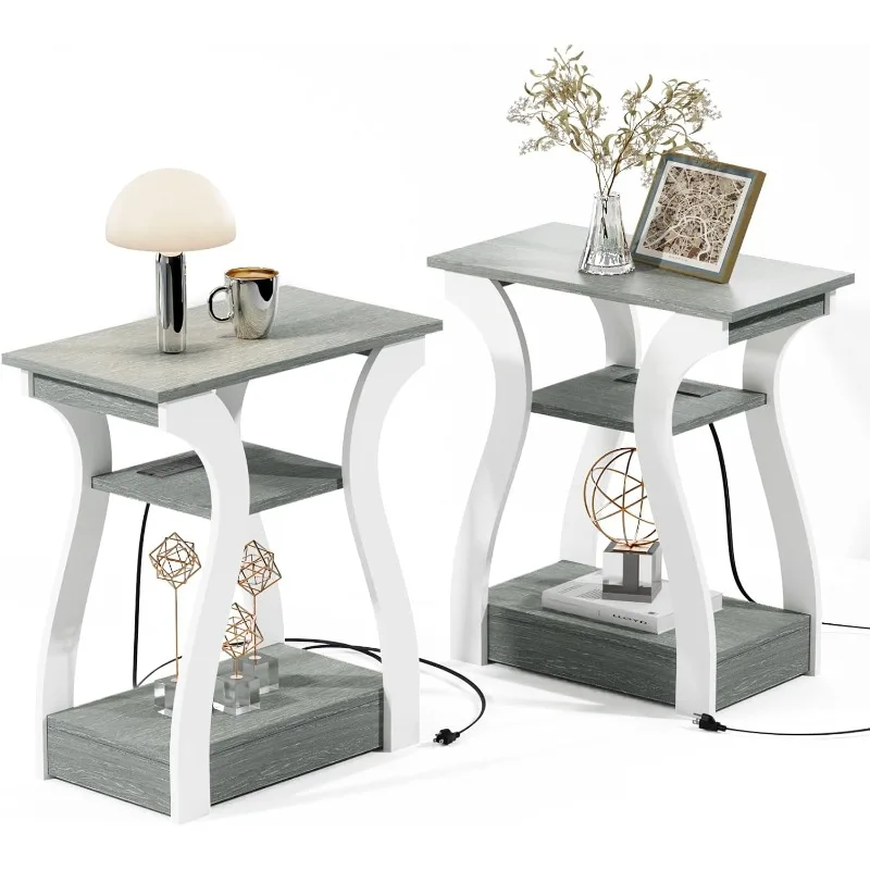 2-piece table set with charging station side table (with USB ports and sockets) nightstand, 3-tier coffee table