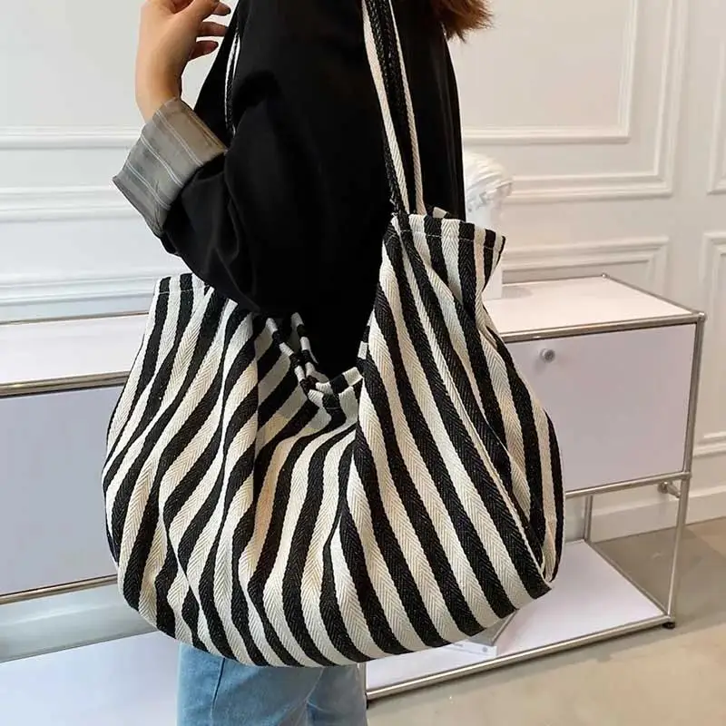 New Fashion Women\'s Tote Shoulder Bag Designer Striped Casual Handbag for Women 2022 Simple Large Capacity Female Shopper Bags