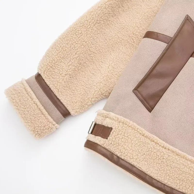 HKSH 겨울 신상 여성용 두꺼운 재킷 스탠드 칼라 지퍼 인조 스웨이드 패치워크 양털 PU 가죽 트렌드 인스 따뜻한 코트 HK15811