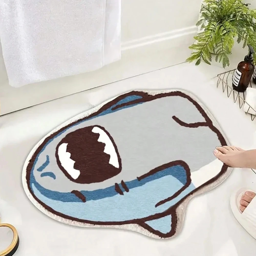 

Asymmetrical Cartoon Cute Shark Bathroom Entrance Rug Faux Wool Absorbent Indoor Decorative Carpet For Living Room Bedroom Home