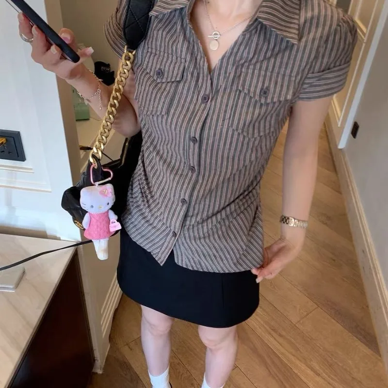 

Women Vintage Striped Short Sleeve Shirt Button Down Collared Blouse with Pockets Slim Fit Casual Office Daily Top