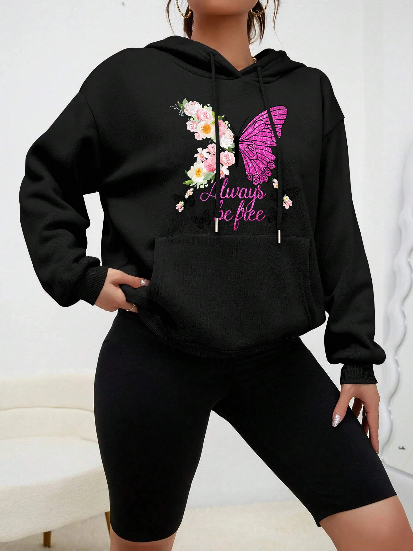 Cartoons Colorful Butterfly Creative Printed Women Hoodie Autumn Fashion Sportswear Vintage Fleece Pullover Pocket Clothing