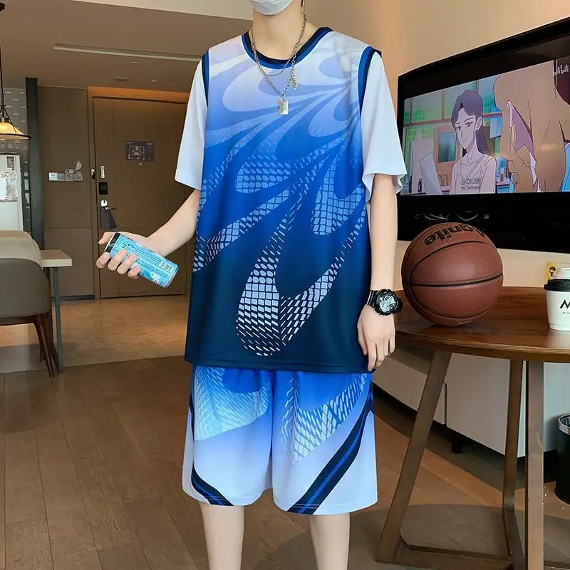 

Teenage Basketball Uniform Set Men's Ice Silk Quick Dry Loose Training Clothes Summer Casual Sportswear Polyester Shorts