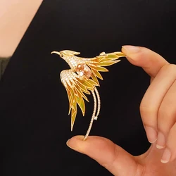 Luxury Crystal Phoenix Bird Brooches For Women Men Unisex Colorful Yellow Enamel Pins Chinese Birds Party Office Jewelry Gifts