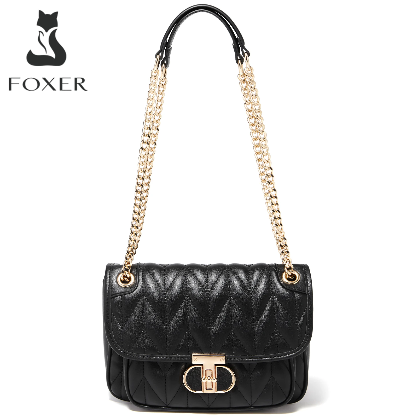 

FOXER Women Leather Shoulder Bag Lady Classic Quilted Chain Crossbody Handbag Chrismas Valentine's Day Gift