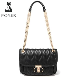 FOXER 2026 Fashion Women‘s Shoulder Bag Lady Split Leather + PU Classic Quilted Bag Chain Crossbody Handbag Valentine's Day Gif