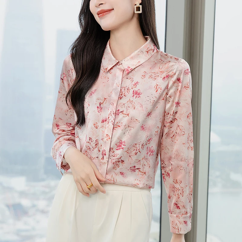 

Tops Floral Print Office Lady Blouse Real Silk Women Satin Shirt Turn-down Collar Long Sleeve Elegant Shirts Blouses for Women