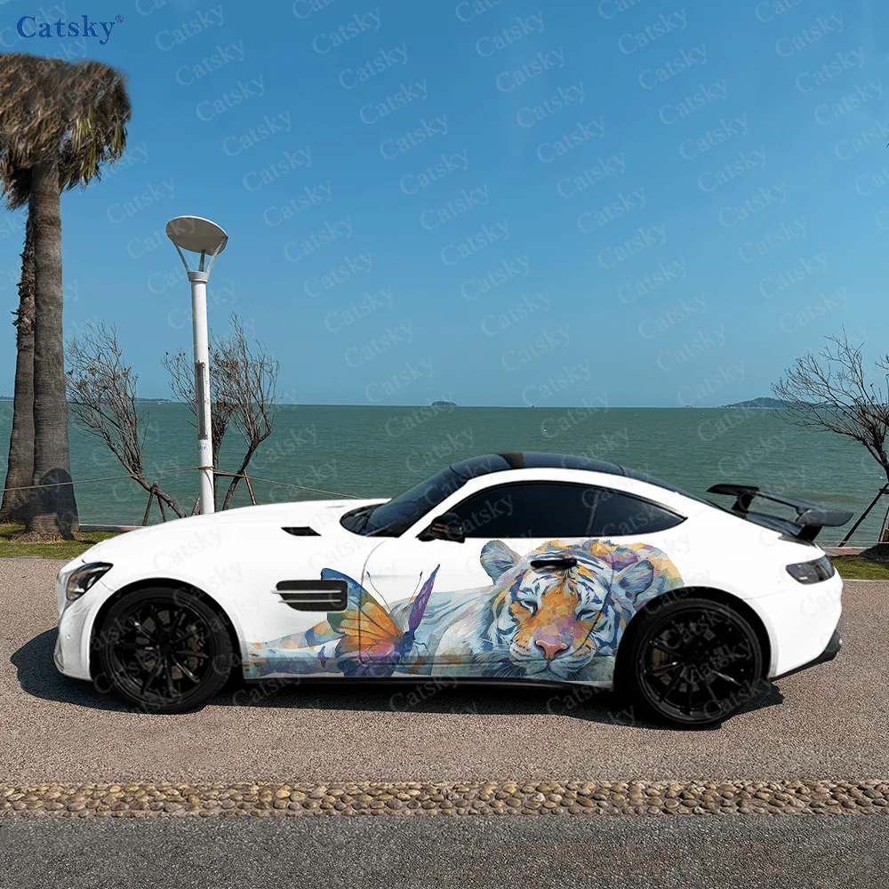 

Красочная виниловая наклейка с тигром и бабочкой для автомобиля, самоклеящаяся наклейка из ПВХ, подходит для грузовиков, внедорожников, Декор, автоаксессуары, подарок