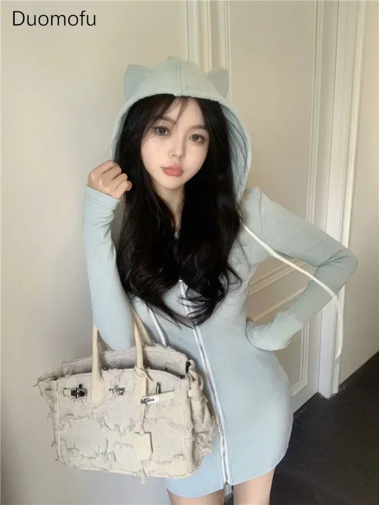 Duomofu Coquette Sexy Mini Blue Dress Women Korean Style Cute Long Sleeve Hooded Dreeses Y2k Egirl Sweet Corset Winter Vestidos