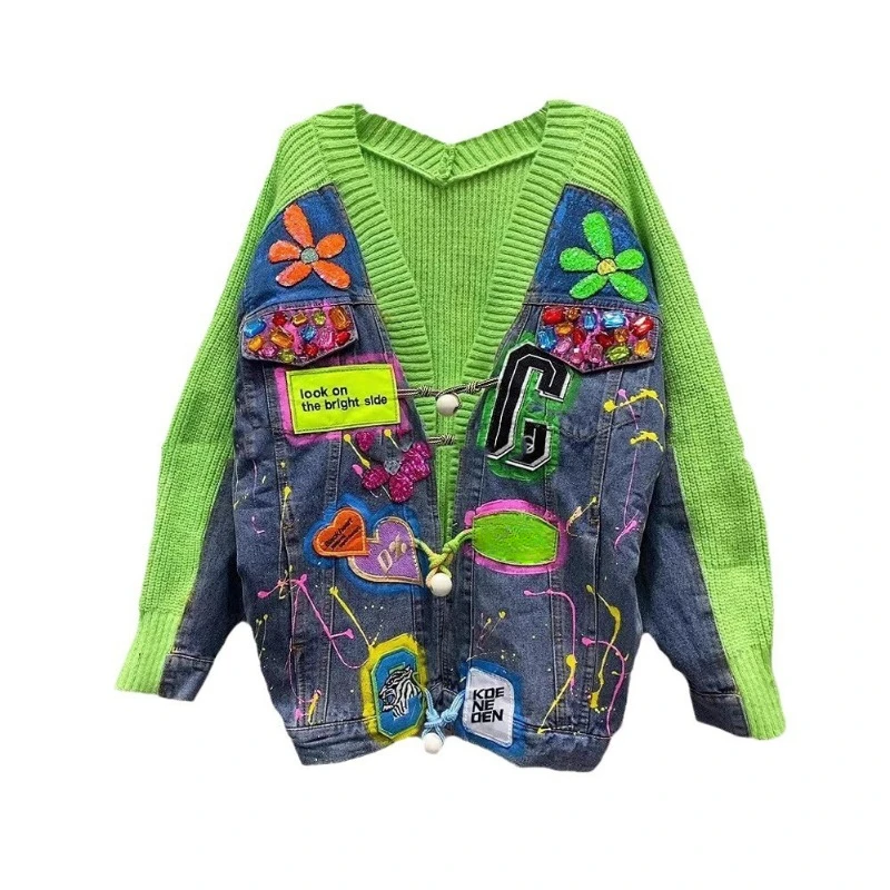 European Style Denim Splicing Sweater Cardigan Women\'s 2024 New Autumn And Winter Loose Casual Knitted Jacket V-neck Top Outwear