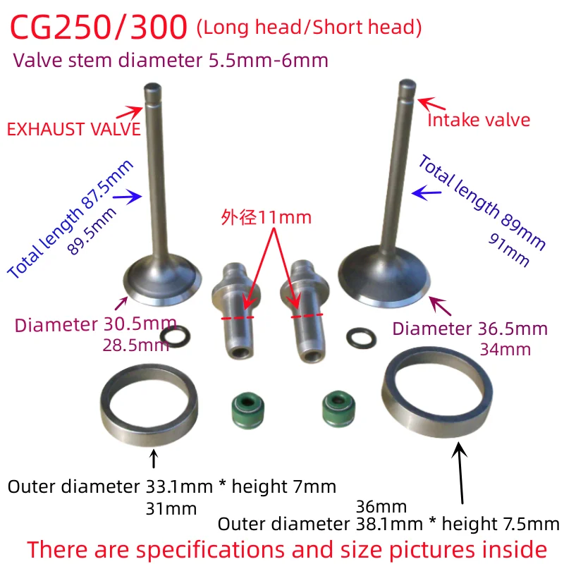 Three wheeled motorcycle ATV CG250cc 300 intake and exhaust valve guide oil seal seat ring iron ring suitable for Honda parts