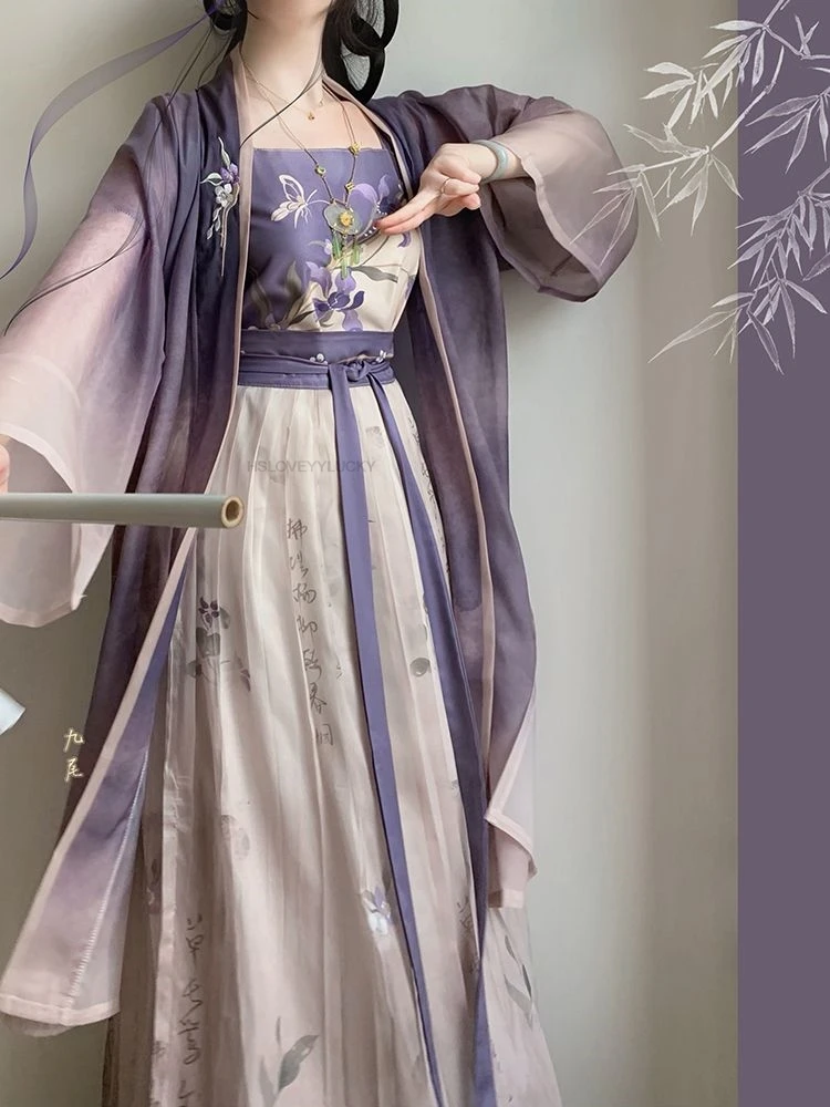 Chinese Verbeterde Song Dynastie Hanfu Oude Stijl Grote Mouw Jas Vest Losse Rok Dagelijks Elegante Paarse Oosterse Stijl Hanfu Set