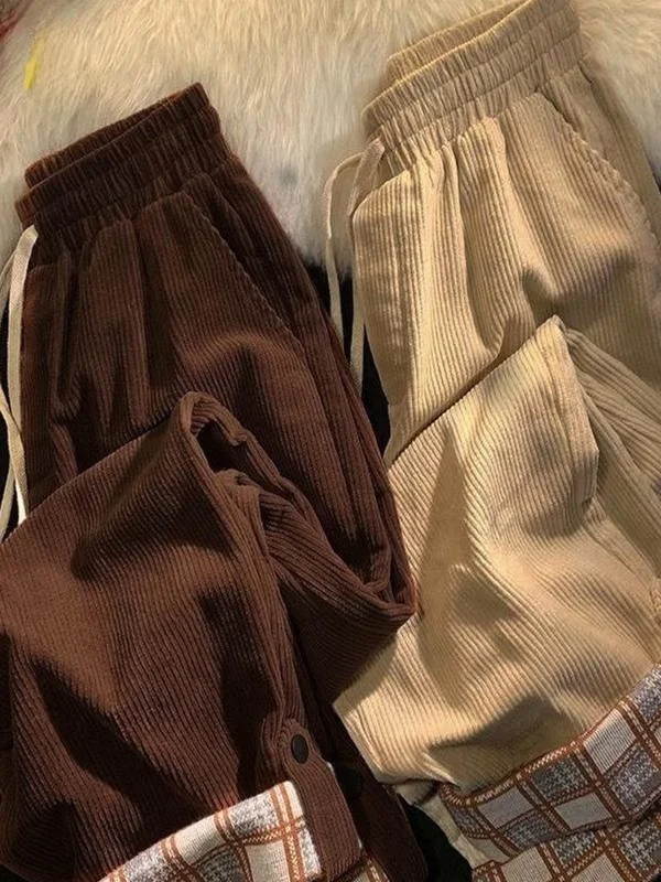 Pantalones de pierna ancha de pana con forro Fce para mujer de talla grande, pantalones de corte recto de cintura alta, pantalones coreanos para ir al trabajo