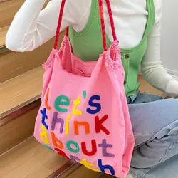 Letter Embroidery Shopping Bag Durable Japanese-style Tote Large Capacity Handbag Travel Shoulder Bag