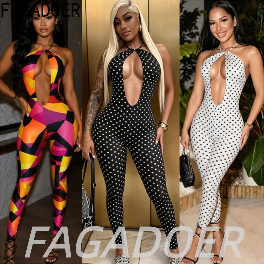 

FAGADOER Fashion Geometric Pattern Bodycon Jumpsuits Women Sexy Hollow Out Lace-up Halter Romper Streetwear Party Club Playsuits