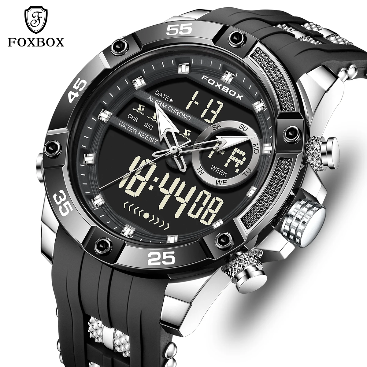 FOXBOX New Military Analog Digital Watches For Men Fashion Silicone Quartz Men's Watch Outdoor Sports Waterproof LED Watch Men