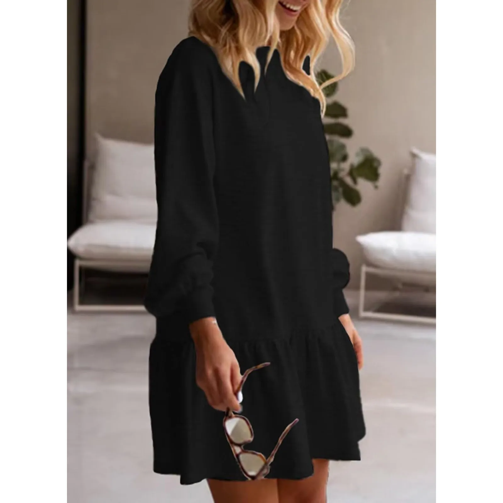 Womens 2024 Fall Long Sleeve Pullover Tops Crewneck Rib Knit Patchwork Sweatshirt Dress Summer Comfy Casual Mini Dresses