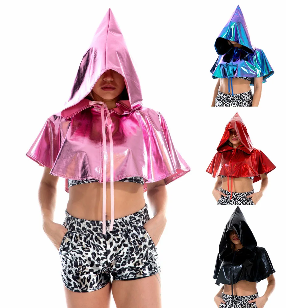 Shiny Laser Pu Leather Holographic Cape Unisex Cosplay Metal Vampire Cape Short Hooded Carnival Cape Hat Halloween Party Costume