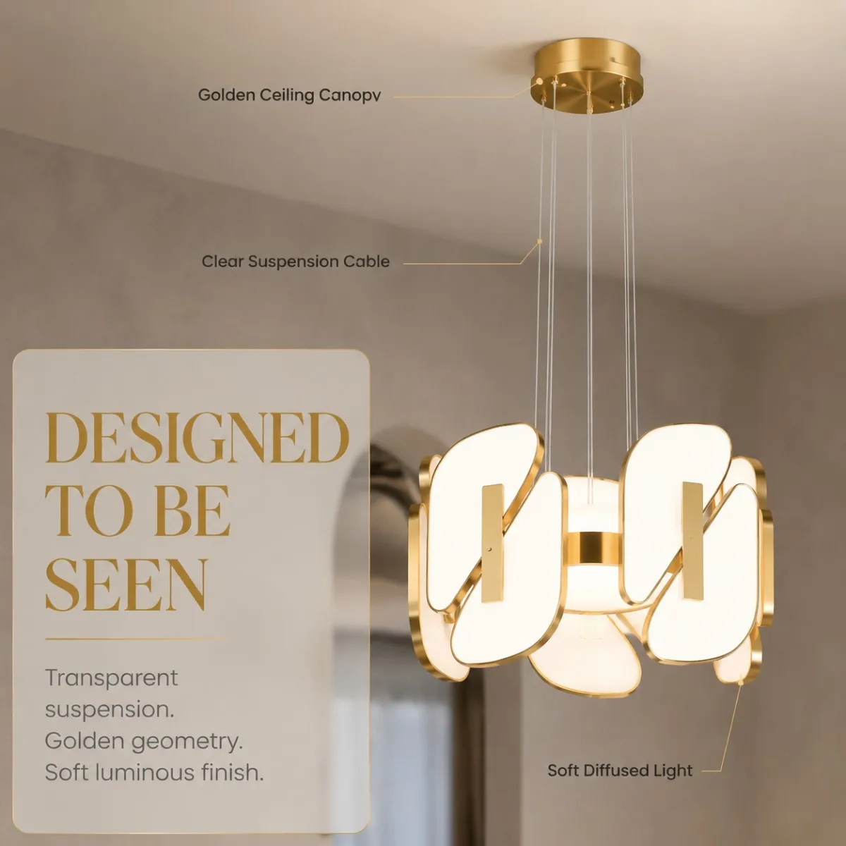 Contemporary Style 2026 Curved Petal Pendant Light Gold Brass LED Chandelier Frosted Shade Lamp for Living Room Dining Decor