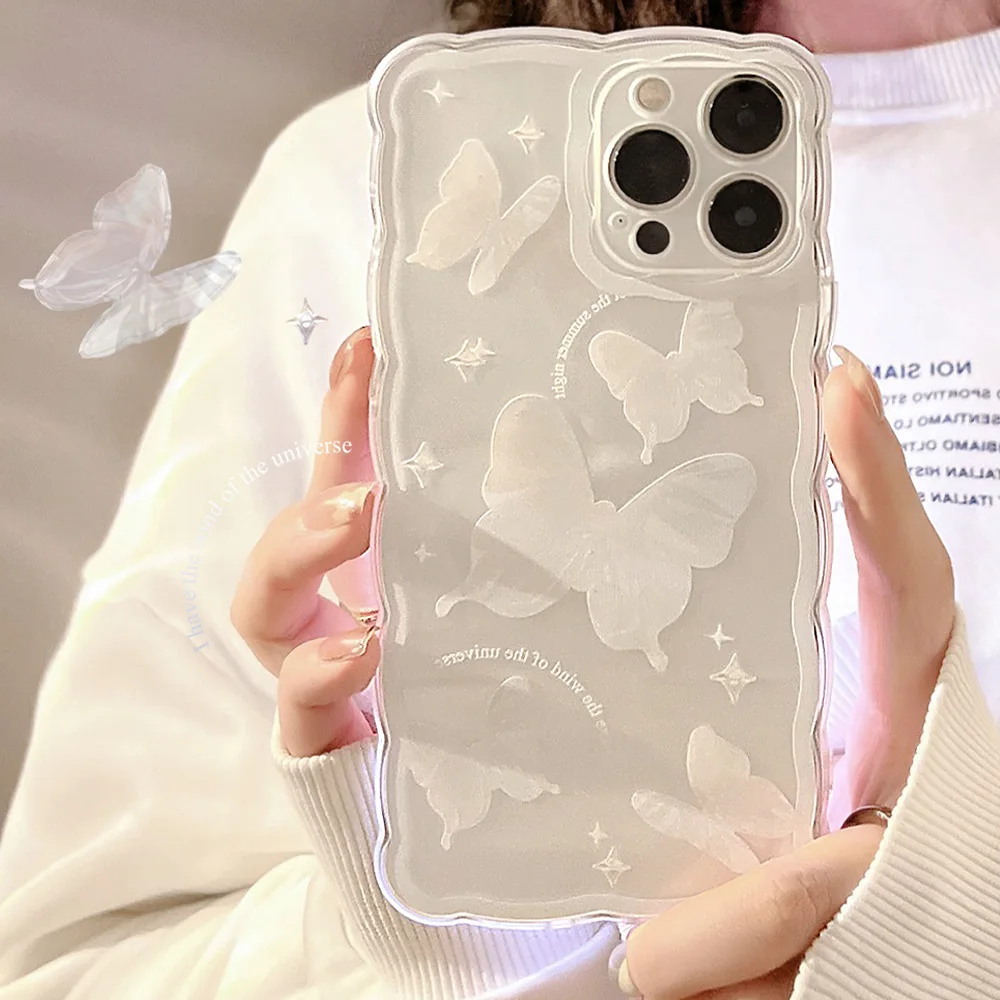 Cute Lovely Butterfly Wavy Case For iPhone 15 14 13 12 11 Pro Max Mini X XR XS 8 7 Plus SE 3 Soft Shockproof Bumper Clear Cover