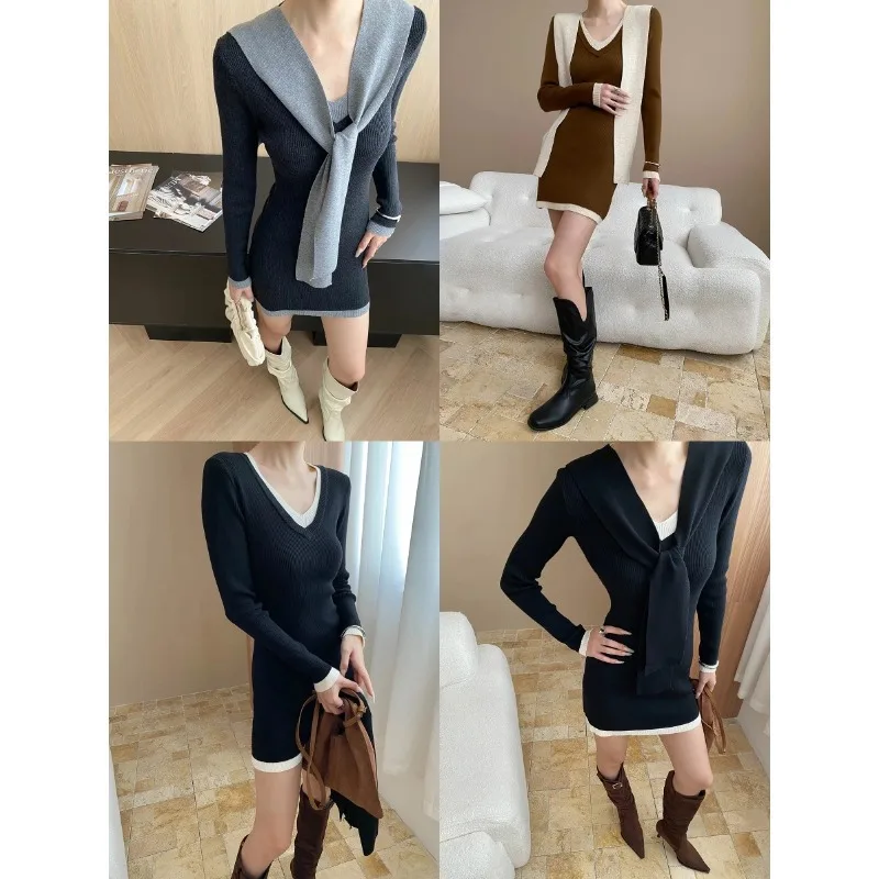 Womens Korean Fashion Faux Two Piece Dress Elegant Vintage Color Clash Knit V-neck Long Sleeve Shawl Collar Slim Fit Mini Dress