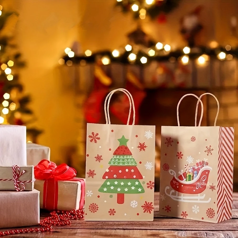 8–48 Stück Weihnachtsserie Kraftpapier-Geschenktüten, Verpackung von Party-Süßigkeitsgeschenken, bedruckte Tragetaschen mit Cartoon-Elch-Schneemann-Weihnachtsbaum – Detail 3