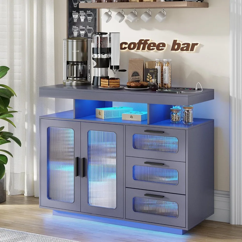 Coffee Bar Cabinet with Charging Station & RGB Lights