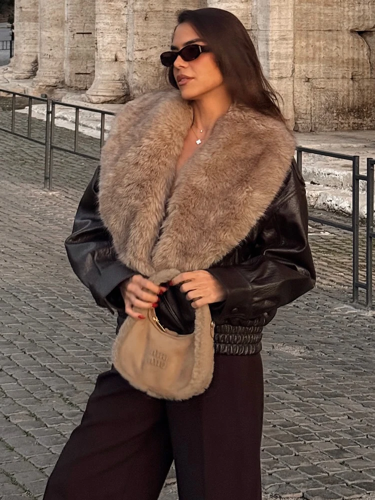 HH – veste bombardier en cuir pour femme, col en fausse fourrure, ample, manches longues, Double boutonnage, revers détachable, manteau chaud, Streetwear, hiver