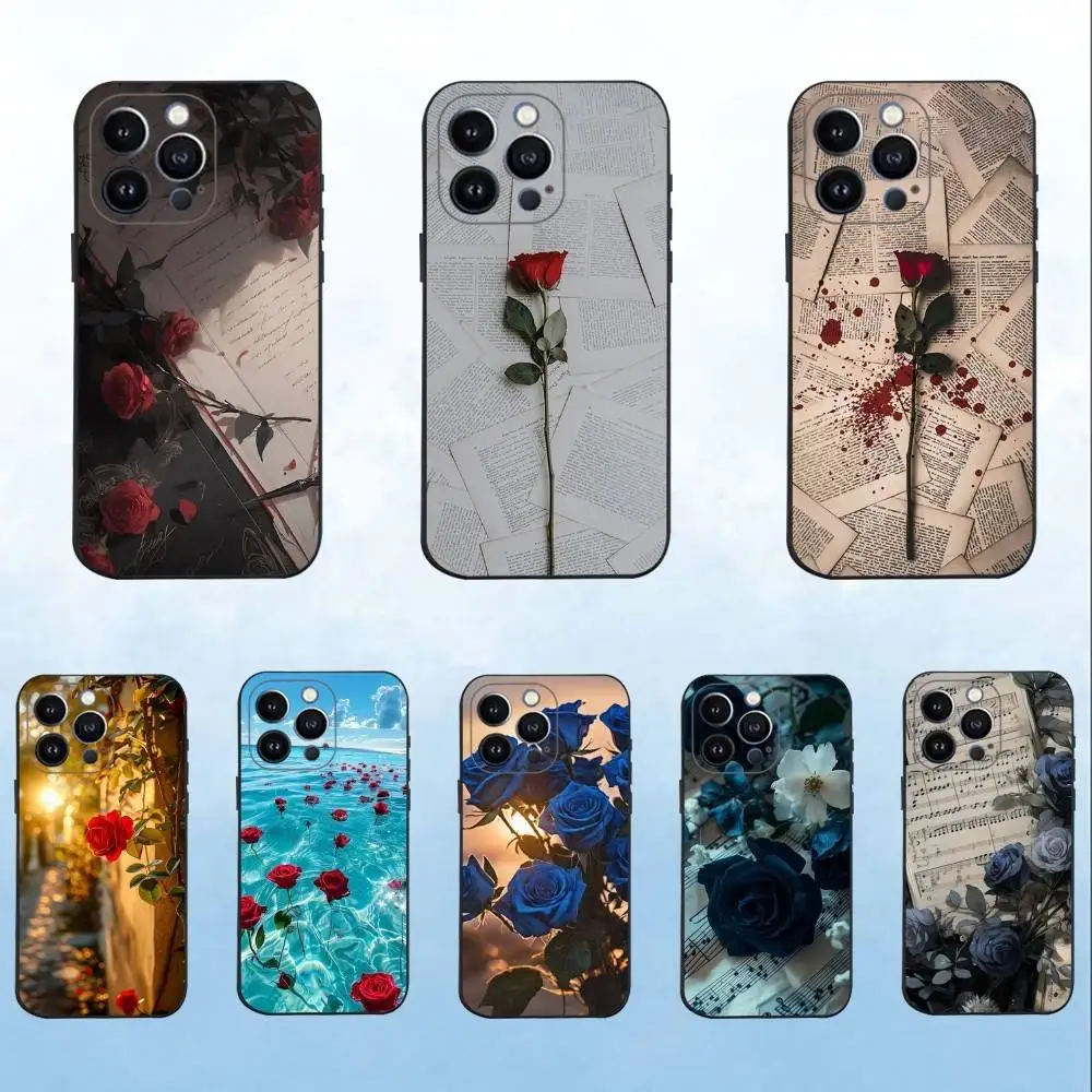 

Rose Phone Case For iPhone 16,15,14,13,12,11 Plus,Pro Max,XS,X,XR,SE,Mini,8,7,Soft Silicone Black Cover