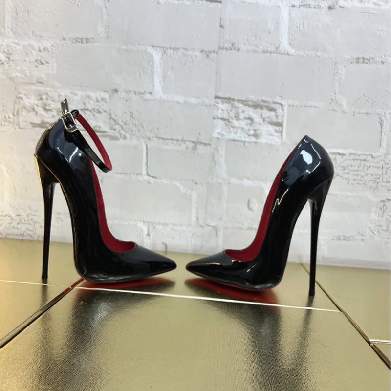 CACA 16cm Patent Leather Women Pumps,Shallow Shoes,Fashion Sexy High Heels,Pointed Toe,Ankle Strap,White,Red,Customized Colors