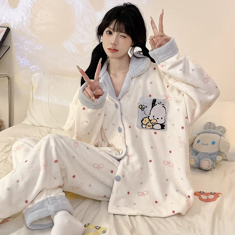 لطيف مرحبا كيتي الإناث الفانيلا منامة دعوى الخريف الشتاء الحلو الكرتون الفتيات طويلة الأكمام رشاقته الدافئة سترة صالة الملابس