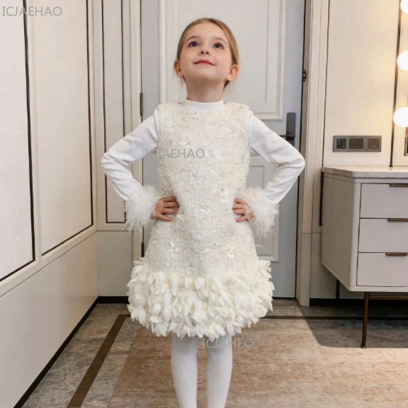 2026 Girls Dress Floral Sequin Feather Patchwork Tank Children Formal Party Celebration Evening Dress Princess Gown Dresses