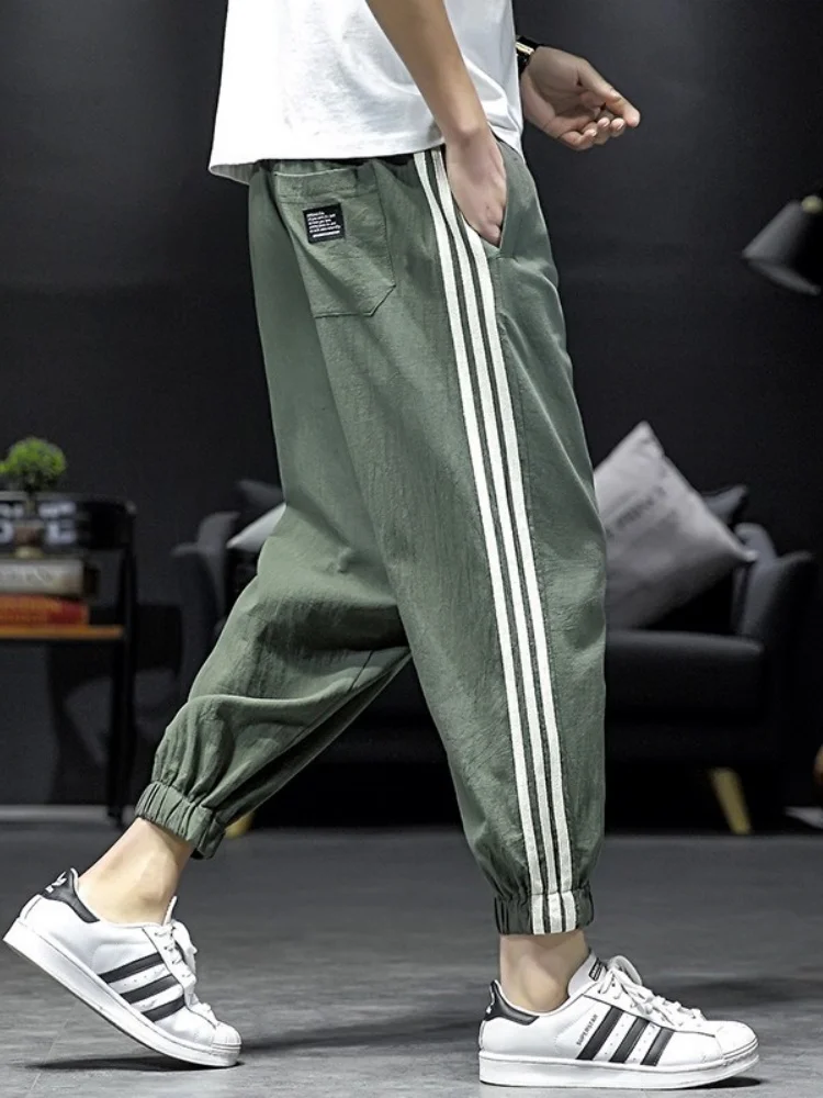 

Мужские летние тонкие повседневные брюки из хлопка и льна, американские спортивные брюки Tee Bars, молодежные свободные дышащие брюки длиной 7/8