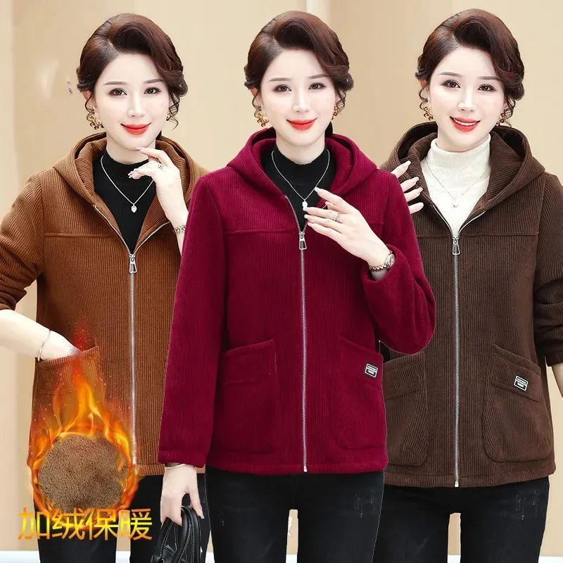 Middle Aged Elderly Mothers' Fashion Hooded Coat Spring Autumn Casual Fleece Jacket Large Size Women Casual Corduroy Outwear 4XL