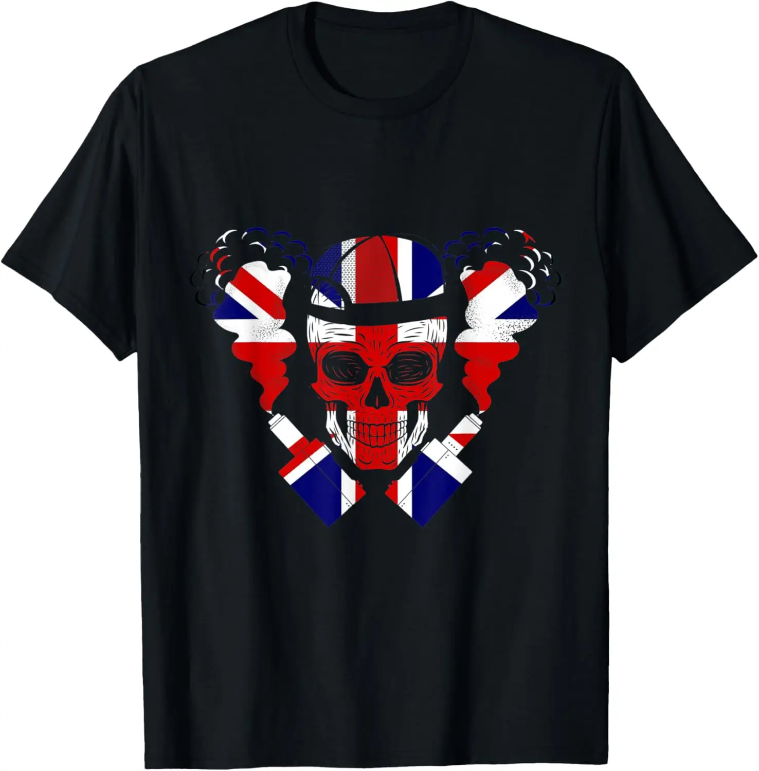 Union Jack Skull Vaping Graphic Tee Men's Breathable Cotton Crew Neck T-Shirt