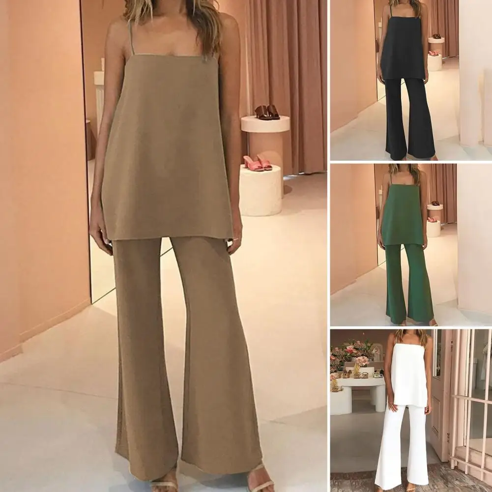 Two Piece Sets Womens Outifits Summer Solid Color Loose Sexy Spaghetti Strap Sleeveless Lady Vest Top and Wide Leg Pants Suit