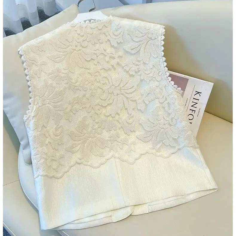 New Women Vest Embroidered Lace Tops Fashion Ladies Elegant Versatile Vest Female Waistcoat Single-breasted Sleeveless Jacket