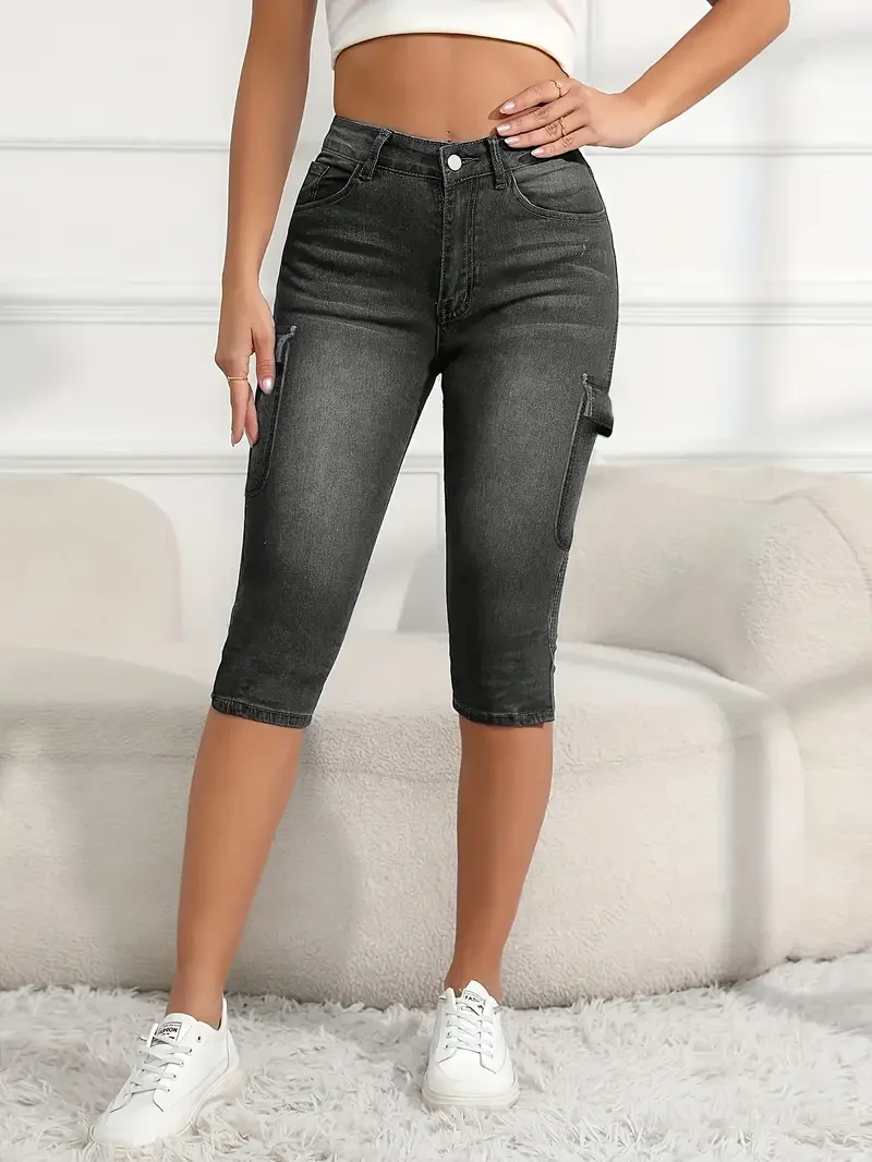 Women Button-down Casual Jeans Stretchy Pocket Capri Jeans